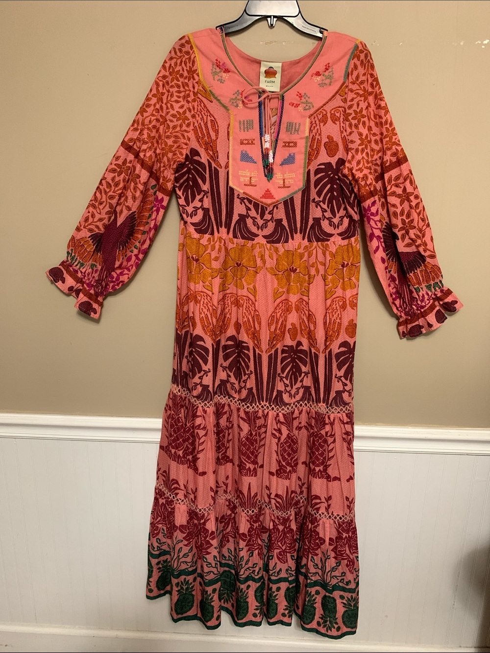 NWOT Farm Rio Women’s Med. Ainika Print Macaws Tiered Maxi Dress Tropical Boho